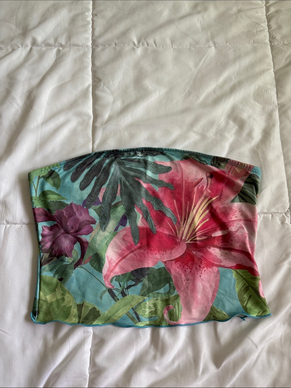 Tropical Floral Strapless Tube Top - Pink & Teal
